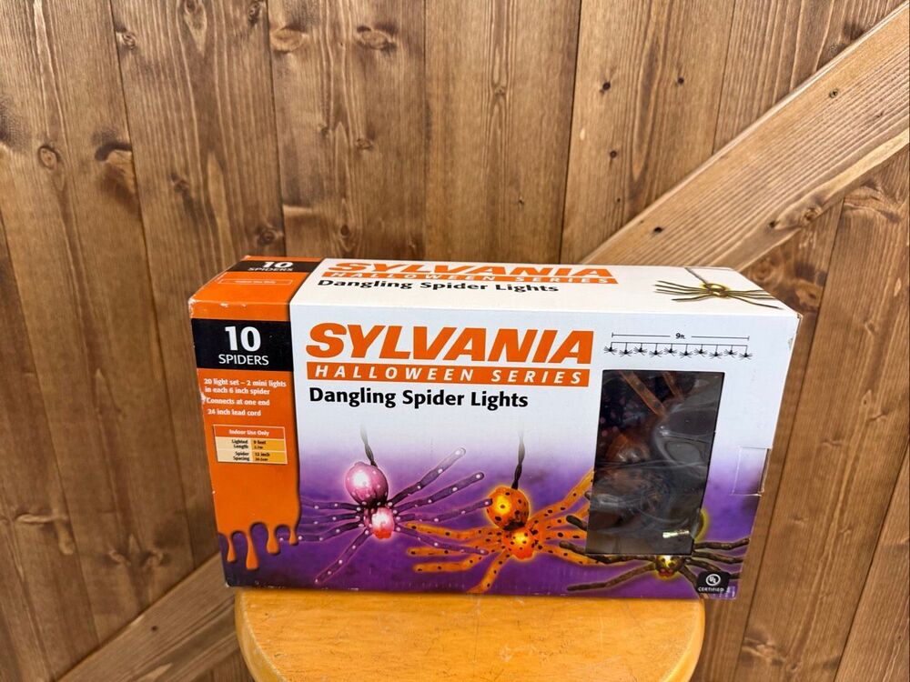 Sylvania Halloween Dangling Spider Lights 10 Spiders 9 Ft Vintage Tested Works (